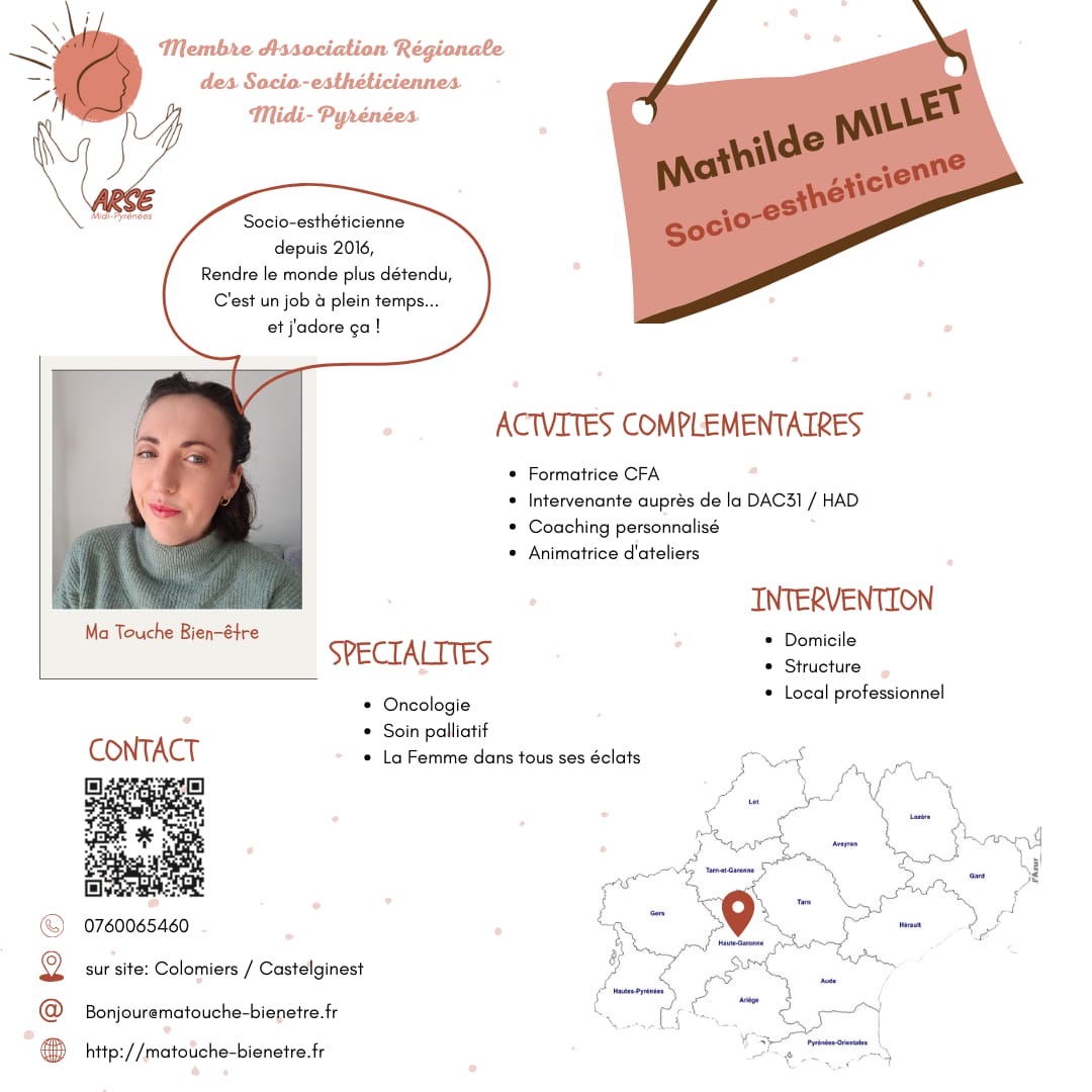 Profil de Mathilde Millet, socio-esthéticienne, avec une description de son expérience et de ses spécialités.